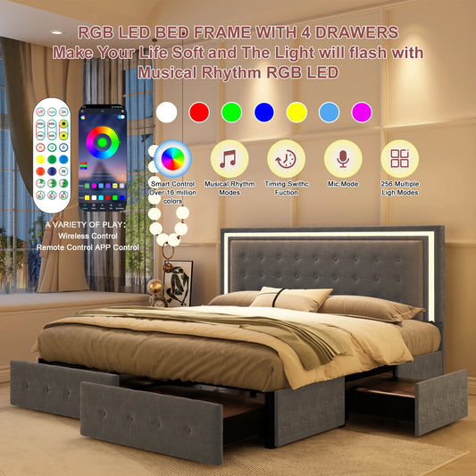 Velvet Full XL LED Bed Frame W/ 4 Storage Drawers