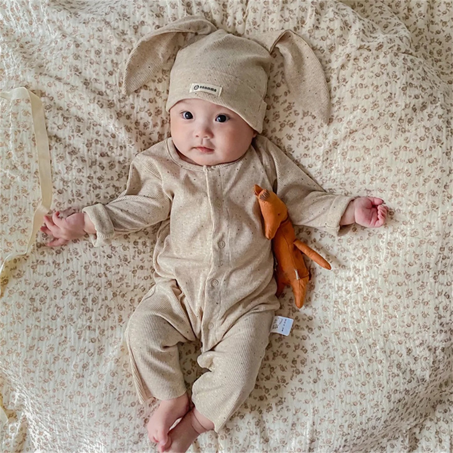 1Pc Beige Onesie W/ Bunny Hat 0-18M