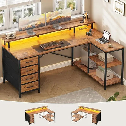 LED L Shaped Desk with 4 Drawers and Storage Shelves