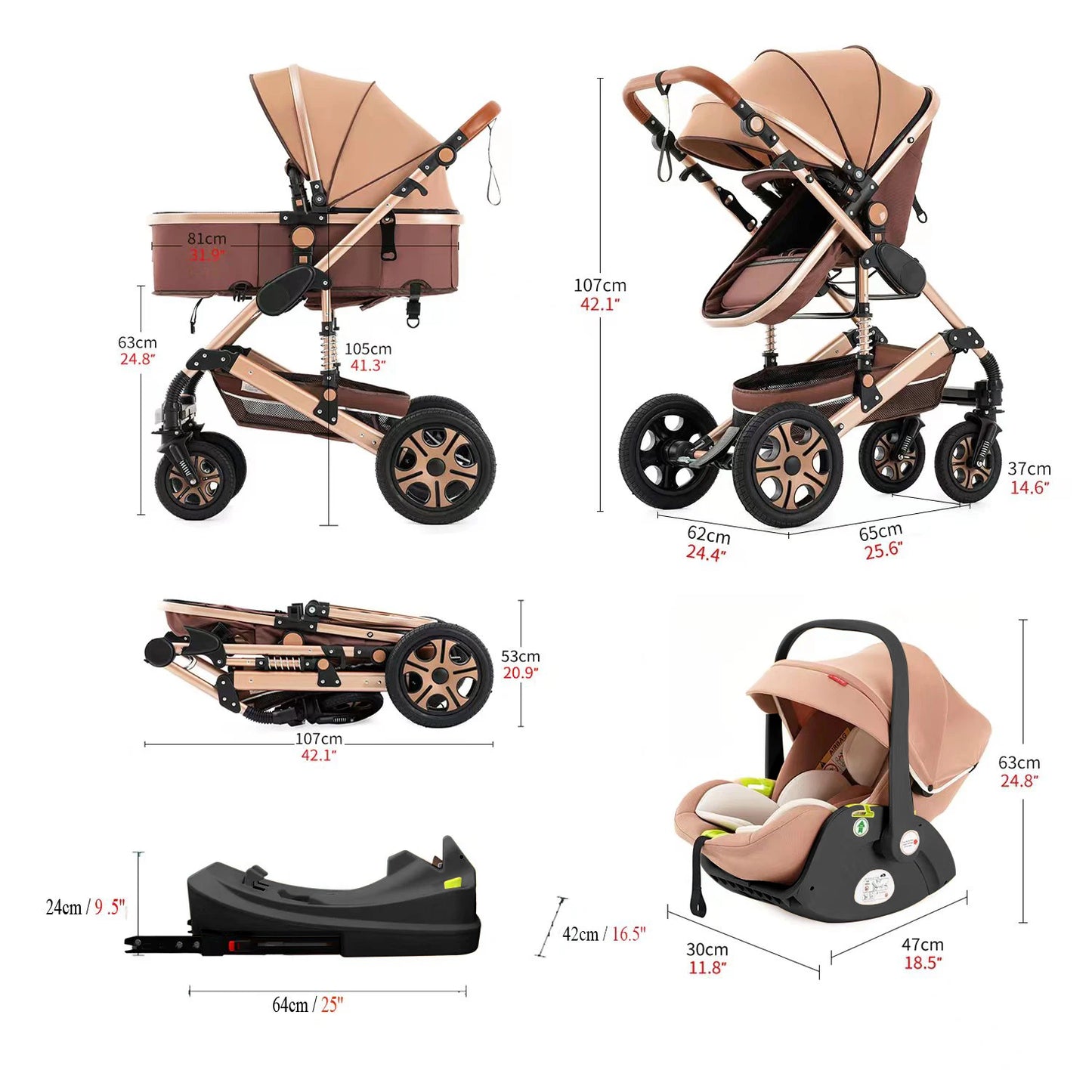 3 in 1 Baby Stroller, Carriage with Isofix Base