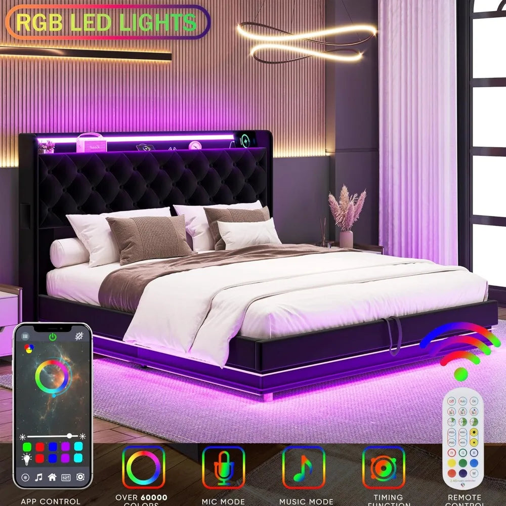 Led Lights Queen Lift Up Storage Bed Frame with Charging Station