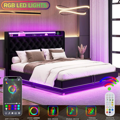 Led Lights Queen Lift Up Storage Bed Frame with Charging Station