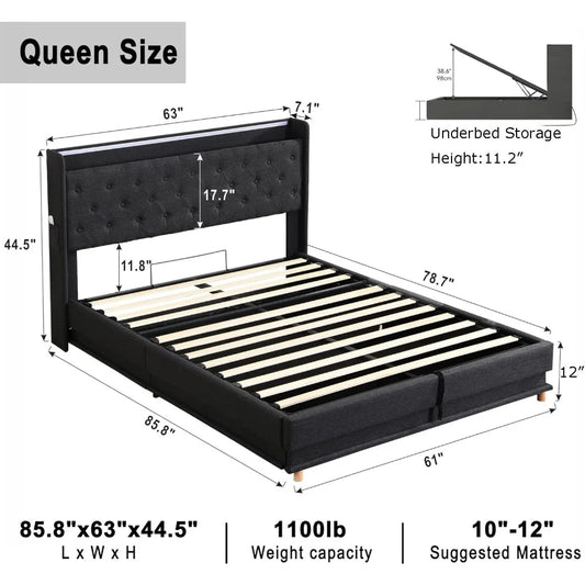 Led Lights Queen Lift Up Storage Bed Frame with Charging Station