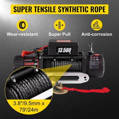 VEVOR 12V 13500 LBS Electric Winch 27M/92FT Synthetic Tow Rope Lifting Treuils Hoist for 4X4 Car Trailer ATV Truck Off Road Boat