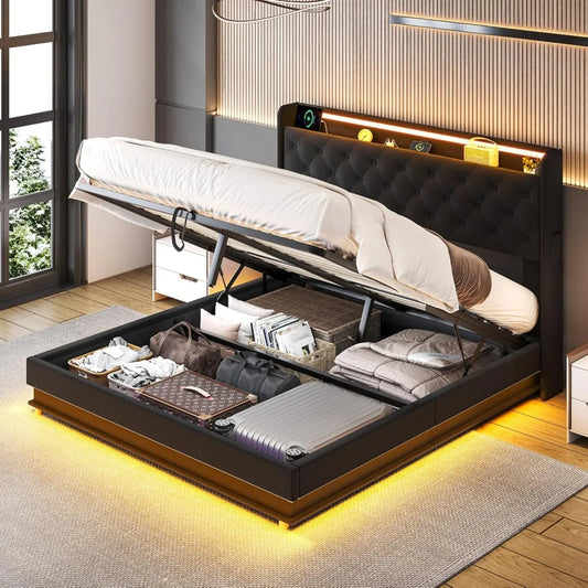 Led Lights Queen Lift Up Storage Bed Frame with Charging Station