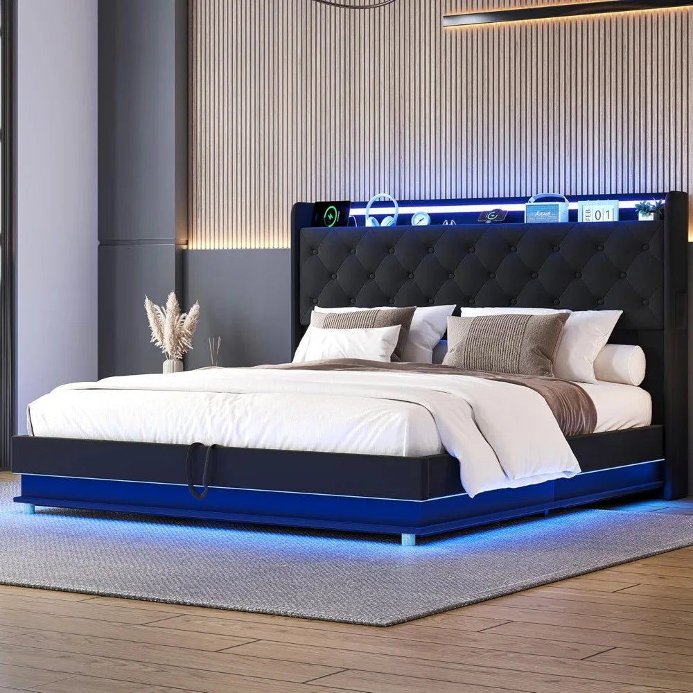 Led Lights Queen Lift Up Storage Bed Frame with Charging Station