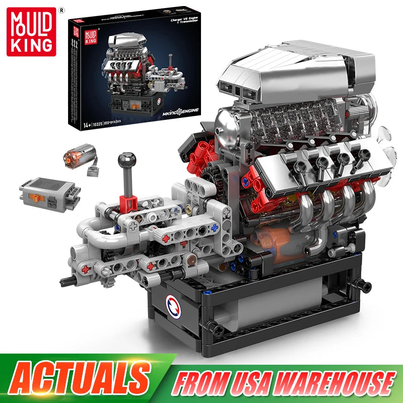 Mould King 10225 Motorized V8 Car Engine Building Block Assembly