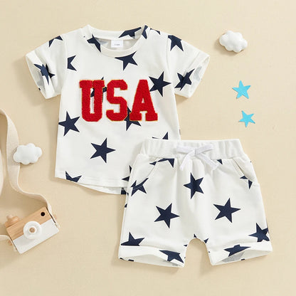 2Pc Red White & Blue Stars USA Outfit 6M-5T