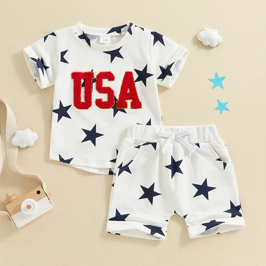 2Pc Red White & Blue Stars USA Outfit 6M-5T