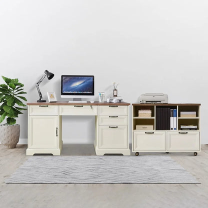 "60" L-Shaped Farmhouse Desk & 40" Mobile File Cabinet Set