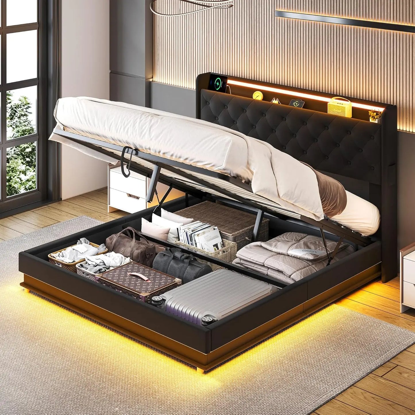 Led Lights Queen Lift Up Storage Bed Frame with Charging Station