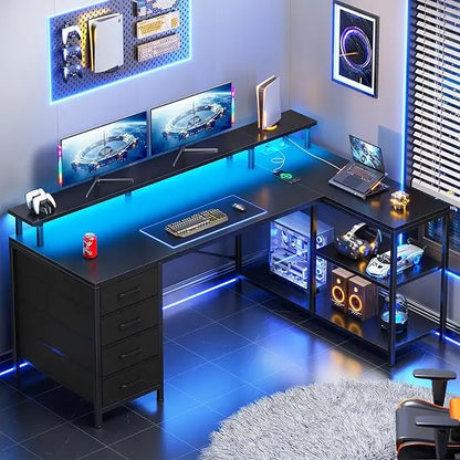LED L Shaped Desk with 4 Drawers and Storage Shelves