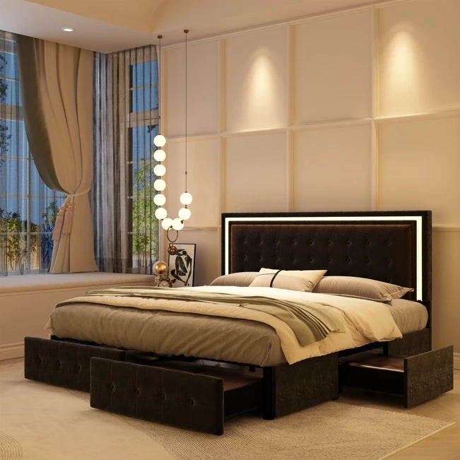 Velvet Full XL LED Bed Frame W/ 4 Storage Drawers
