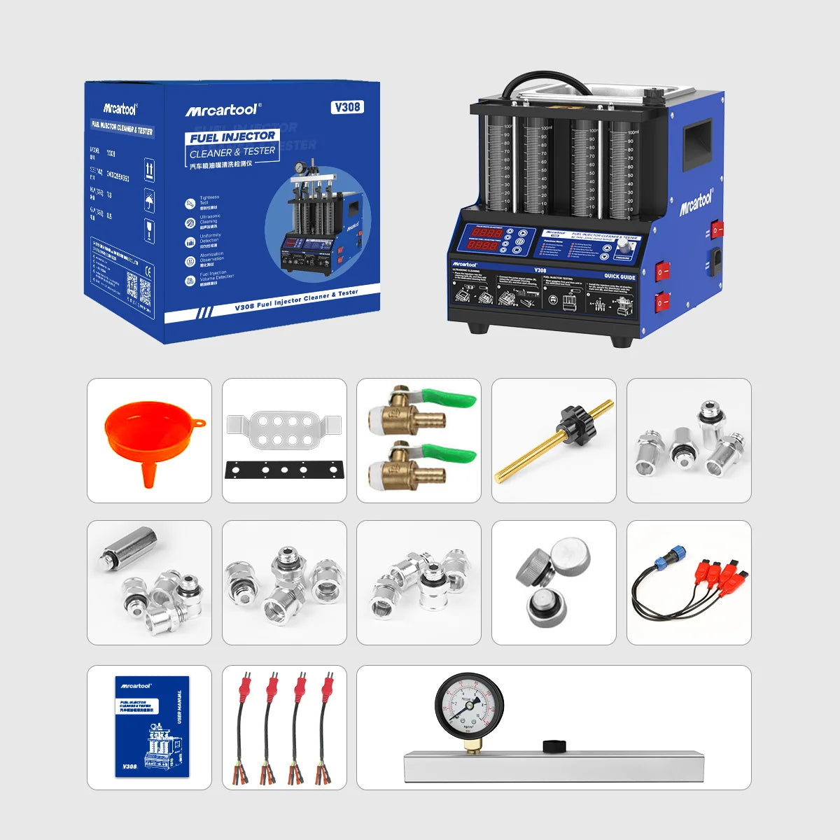 MRCARTOOL V308 Car Fuel Injector Tester Ultrasonic Cleaning Heating Cleaning Fluid Volume Detection Tightness Test Motorcycle