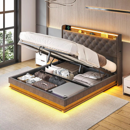 Led Lights Queen Lift Up Storage Bed Frame with Charging Station