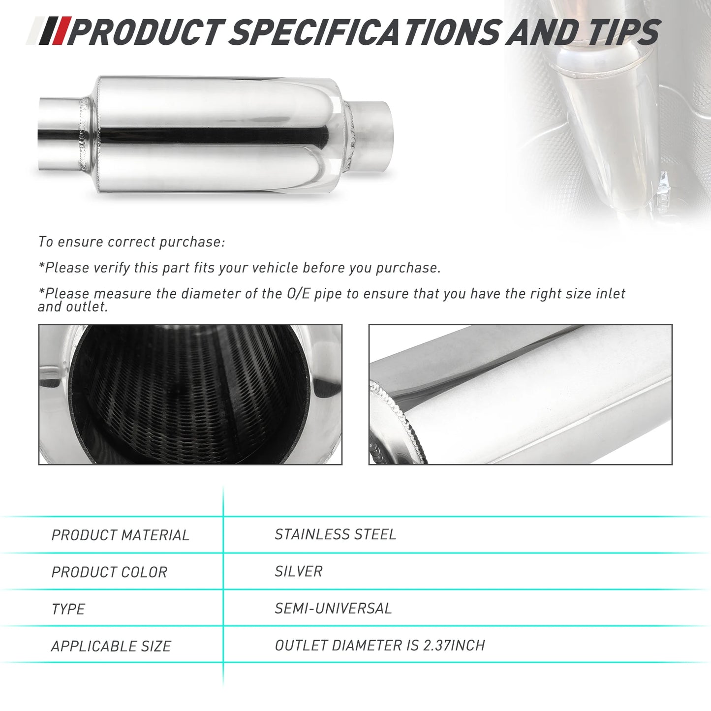 2.5"/3'' Stainless Steel Muffler Length 12" For Ford