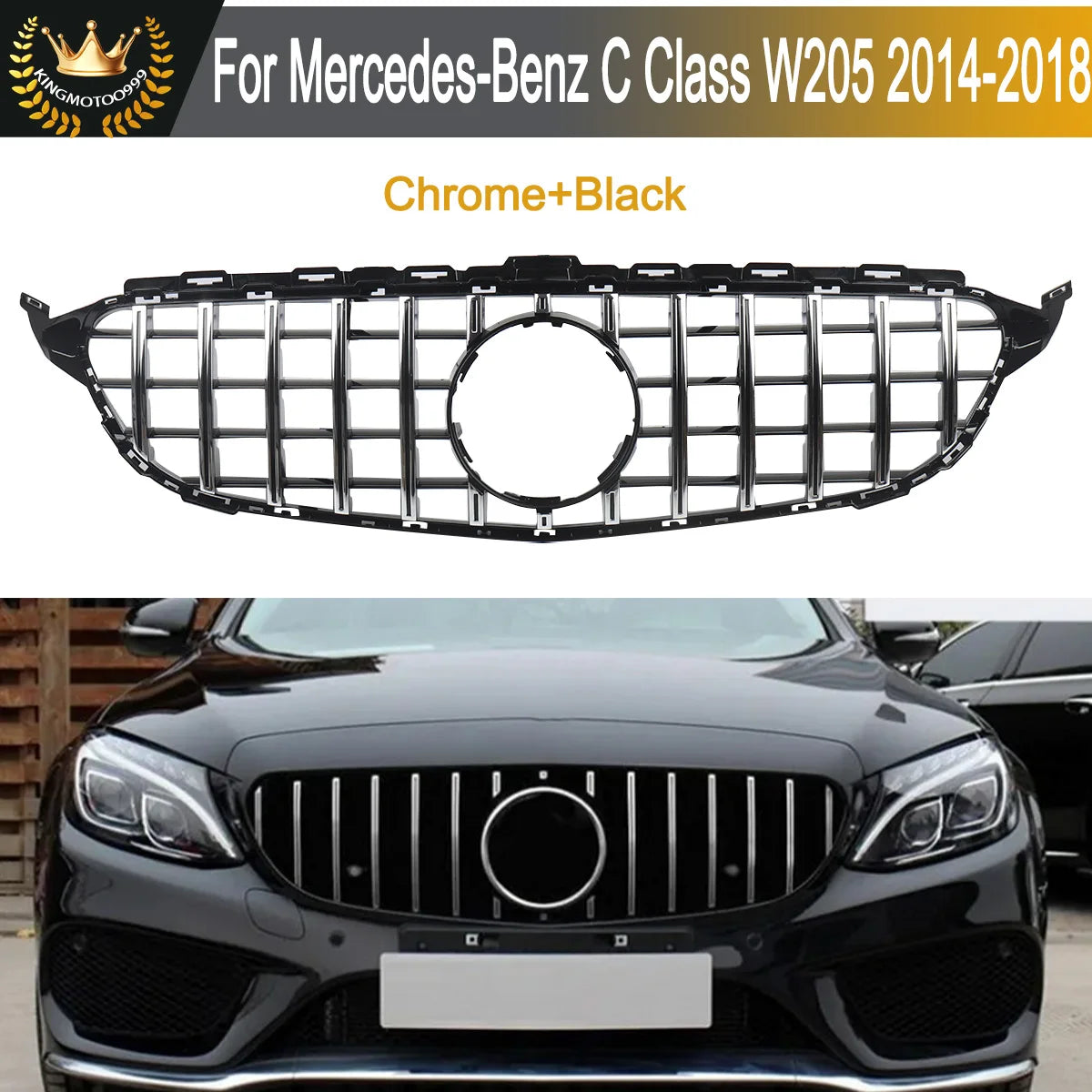Chrome + Black Front Grille For Mercedes-Benz W205 C250 C300 2015-2018