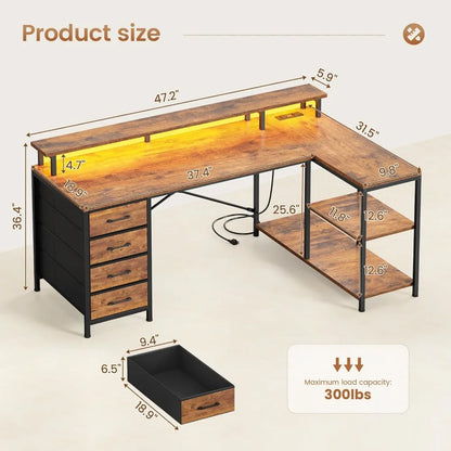 LED L Shaped Desk with 4 Drawers and Storage Shelves