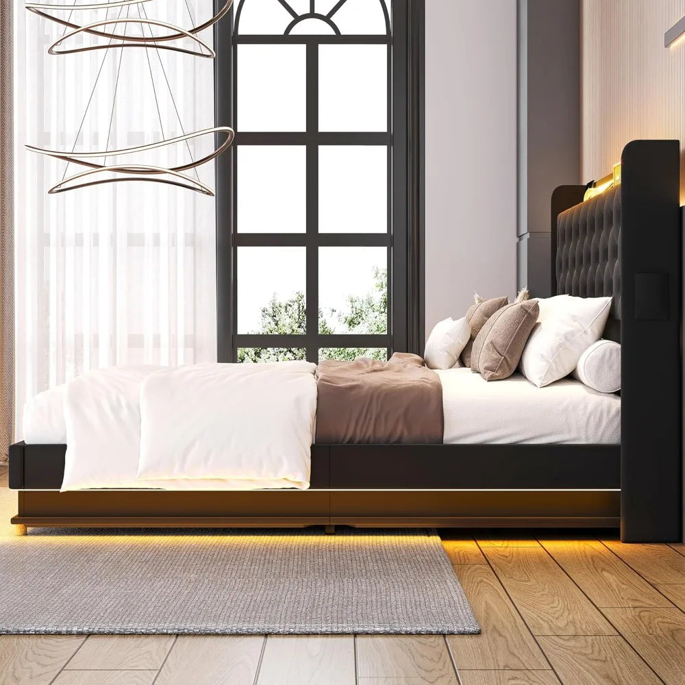 Led Lights Queen Lift Up Storage Bed Frame with Charging Station