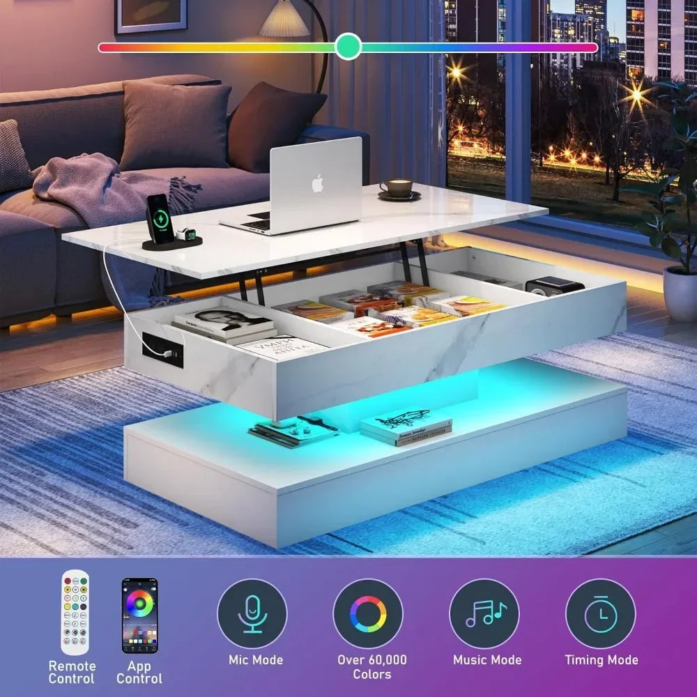 LED Lift Top Coffee Table W/ Charge Station