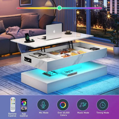 LED Lift Top Coffee Table W/ Charge Station