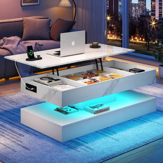 LED Lift Top Coffee Table W/ Charge Station