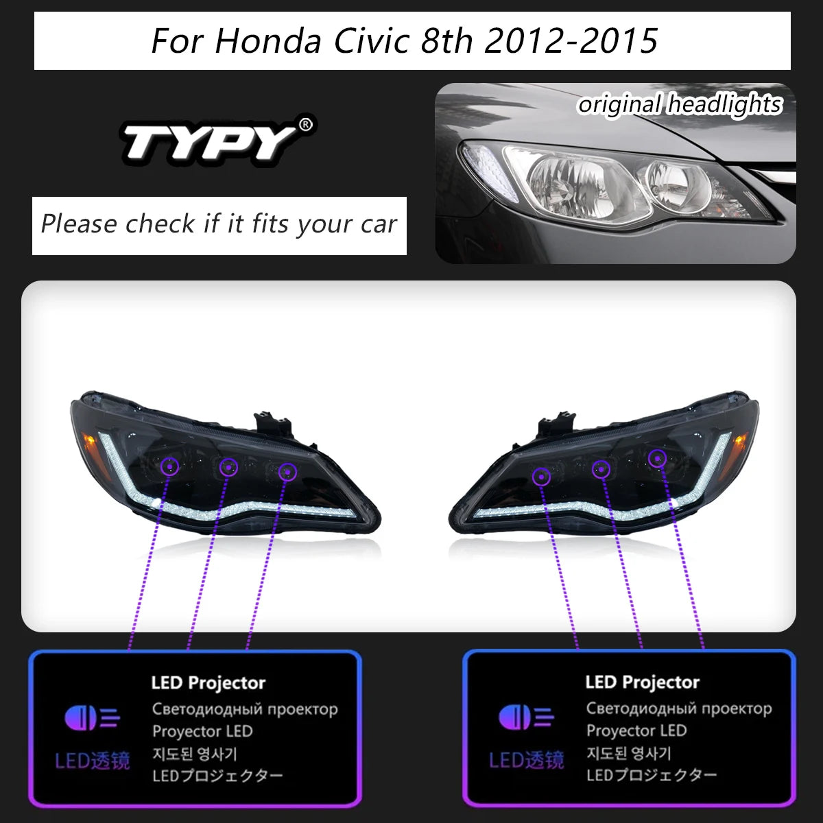 LED Projector Headlights For Honda Civic 8th FD2 2012-2015