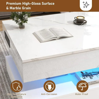LED Lift Top Coffee Table W/ Charge Station