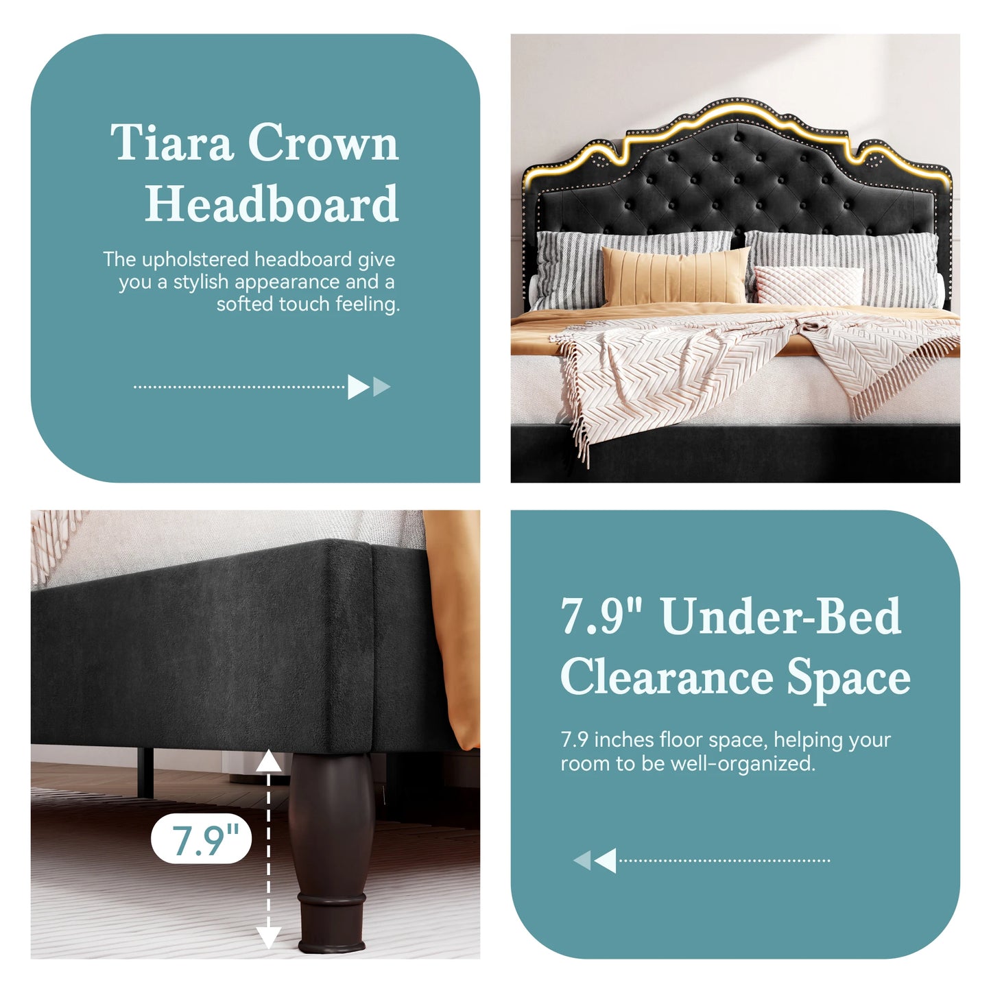 Queen Adjustable Velvet Headboard & Bed Frame