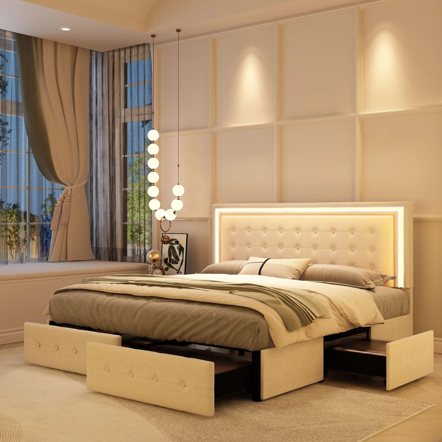 Velvet Full XL LED Bed Frame W/ 4 Storage Drawers
