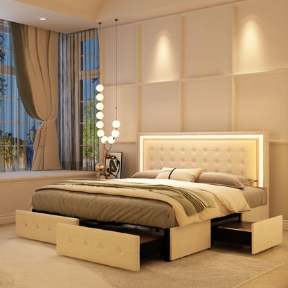 Velvet Full XL LED Bed Frame W/ 4 Storage Drawers