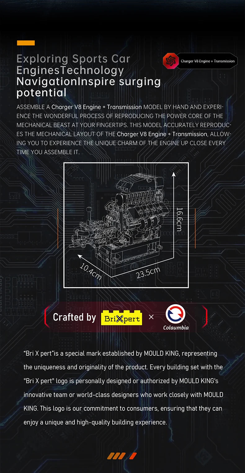 Mould King 10225 Motorized V8 Car Engine Building Block Assembly