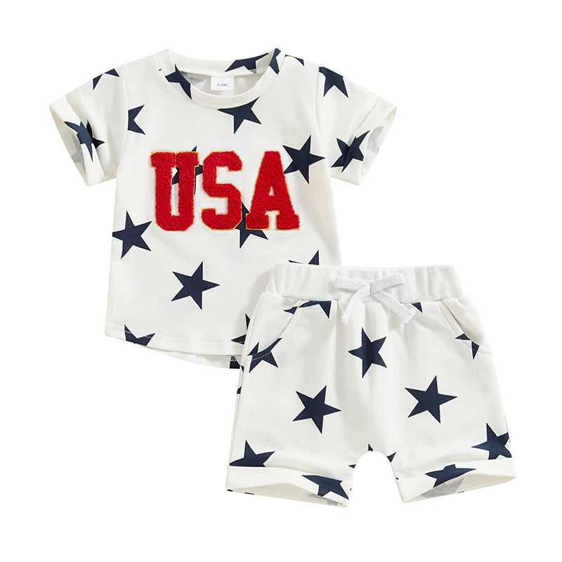 2Pc Red White & Blue Stars USA Outfit 6M-5T