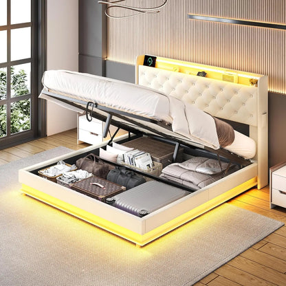 Led Lights Queen Lift Up Storage Bed Frame with Charging Station