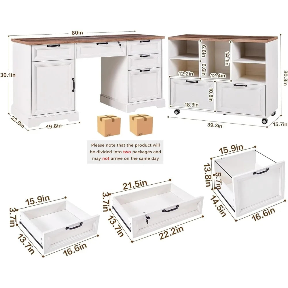 "60" L-Shaped Farmhouse Desk & 40" Mobile File Cabinet Set