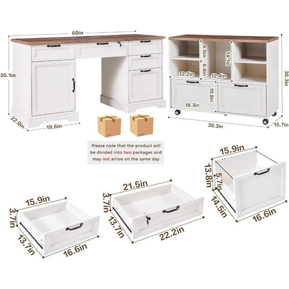 "60" L-Shaped Farmhouse Desk & 40" Mobile File Cabinet Set