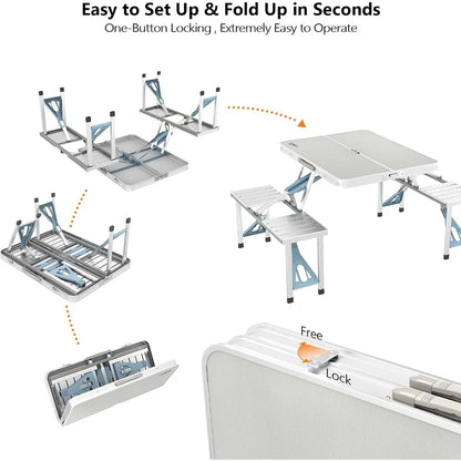 Foldable Picnic Table W/ Seats+Umbrella