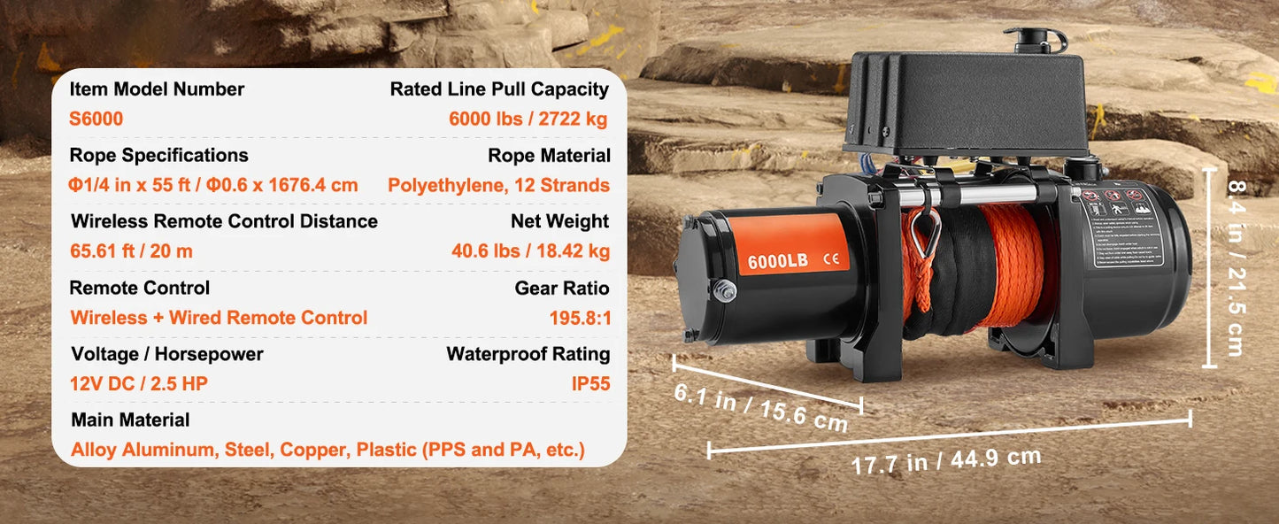 Vevor 6000lbs Electric Winch Winch with 1/4 in 55 ft Synthetic Rope