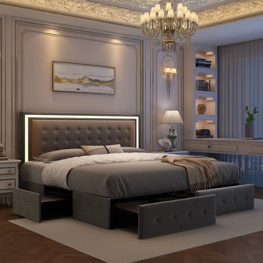 Velvet Full XL LED Bed Frame W/ 4 Storage Drawers