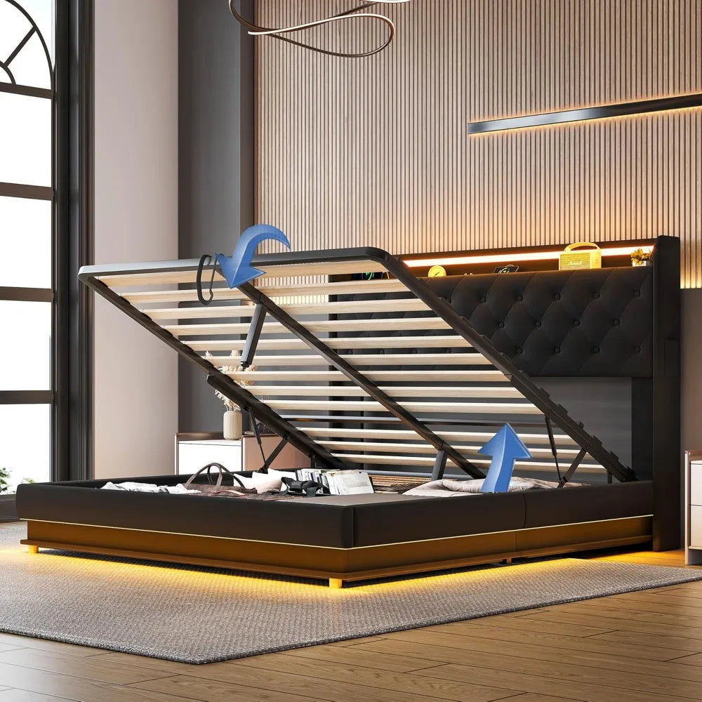 Led Lights Queen Lift Up Storage Bed Frame with Charging Station