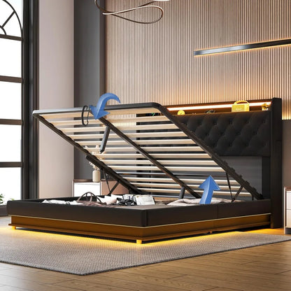 Led Lights Queen Lift Up Storage Bed Frame with Charging Station