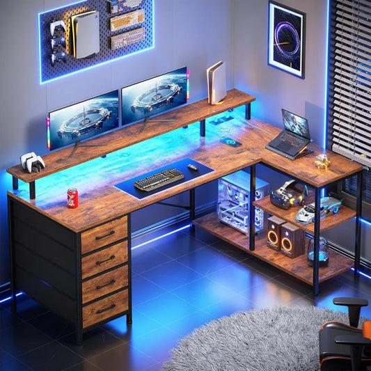 LED L Shaped Desk with 4 Drawers and Storage Shelves