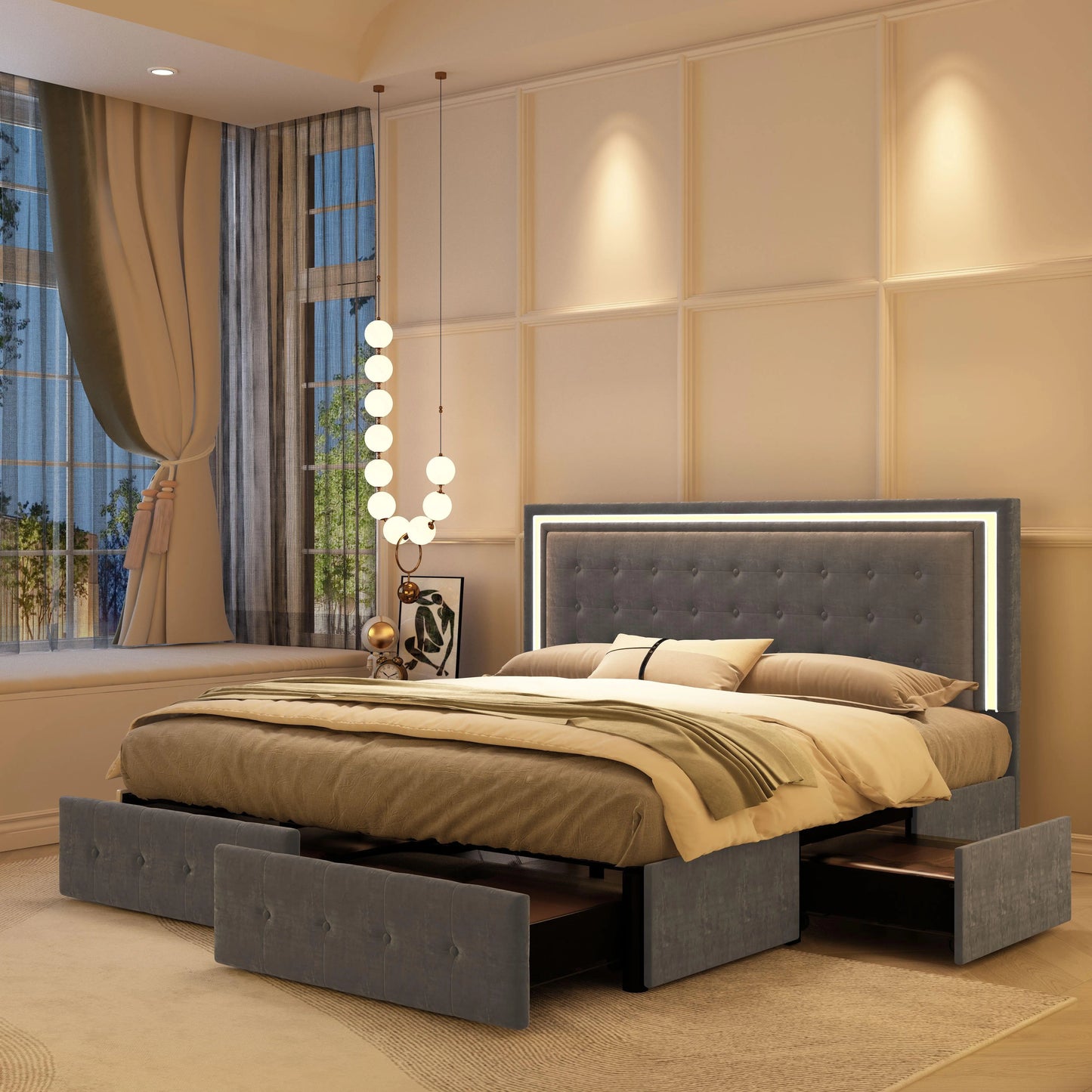 Velvet Full XL LED Bed Frame W/ 4 Storage Drawers
