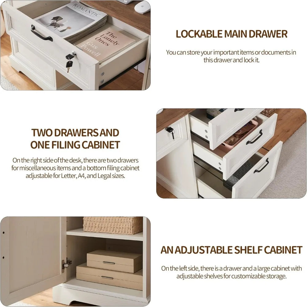 "60" L-Shaped Farmhouse Desk & 40" Mobile File Cabinet Set