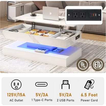 LED Lift Top Coffee Table W/ Charge Station