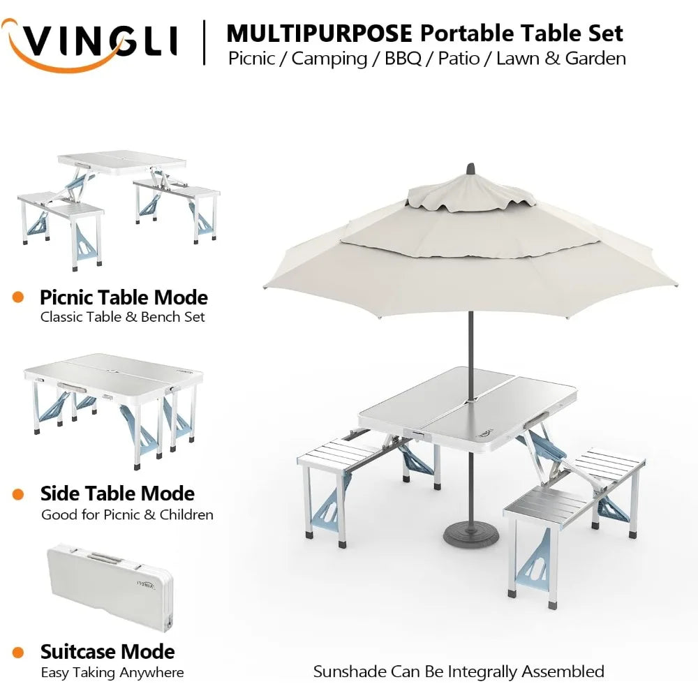 Foldable Picnic Table W/ Seats+Umbrella