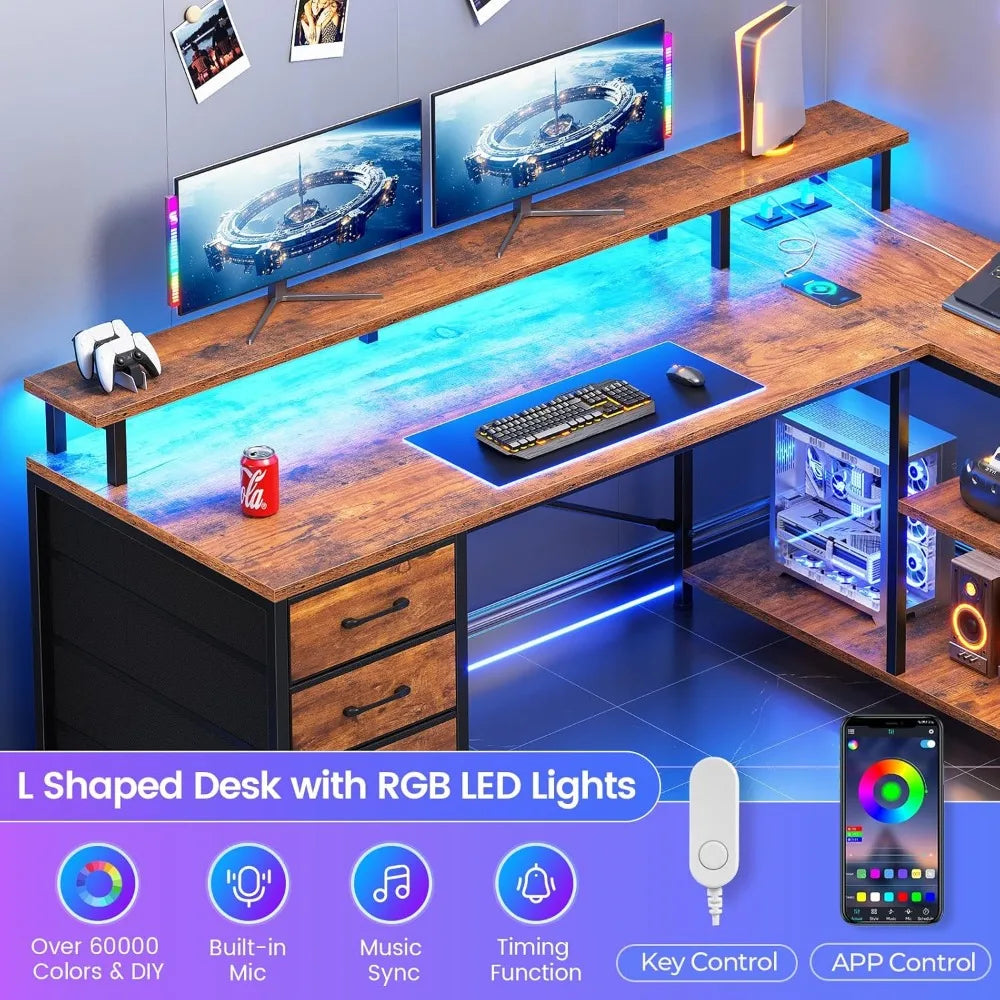 LED L Shaped Desk with 4 Drawers and Storage Shelves