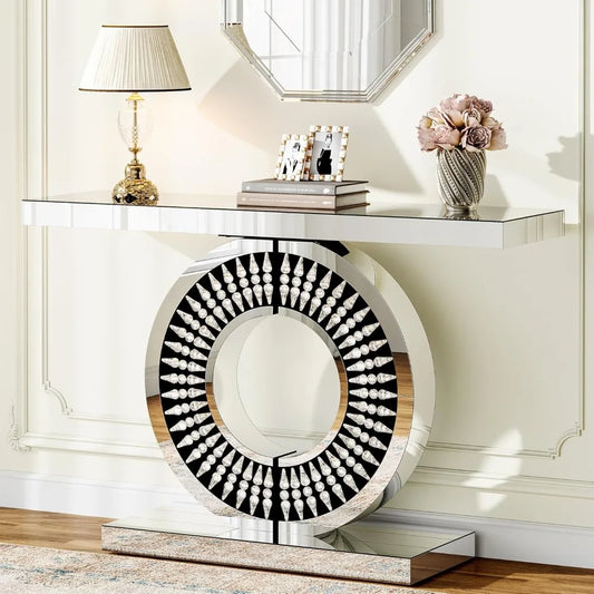 Mirror Console Table with Crystal-encrusted Base