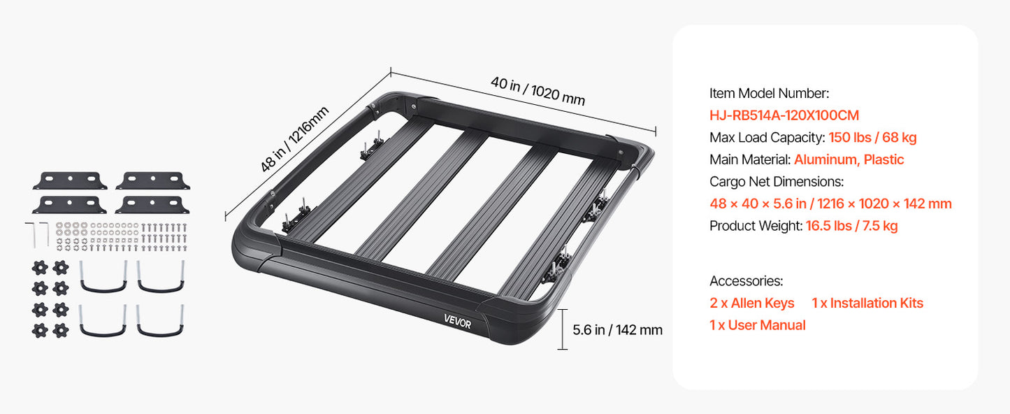 VEVOR Roof Rack Cargo Carrier 48x40x5.6“ Universal Rooftop Cargo Basket