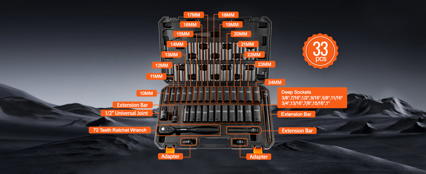 1/2" 3/8" Drive Impact Socket Set 23/33/34/48/65 PCs
